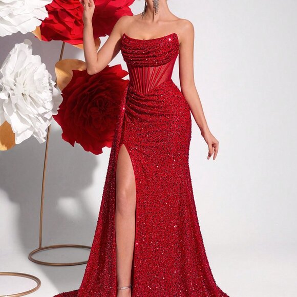 Red Elegant Women's Sequin Off-Shoulder Hollow Fishbone Formal Gown - Picture 8 of 8